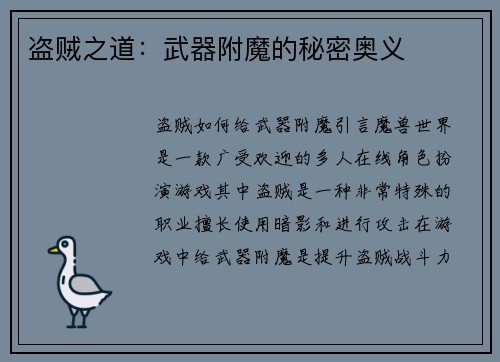 盗贼之道：武器附魔的秘密奥义